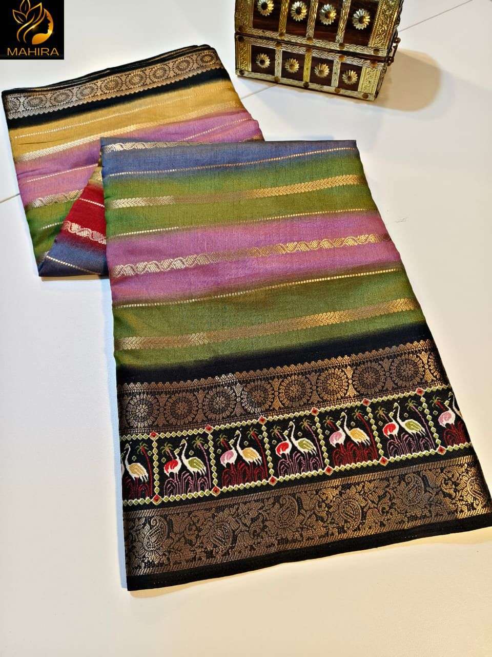 Beautiful and soft dola silk fabric with multicolored design on saree wholesale in surat rimi